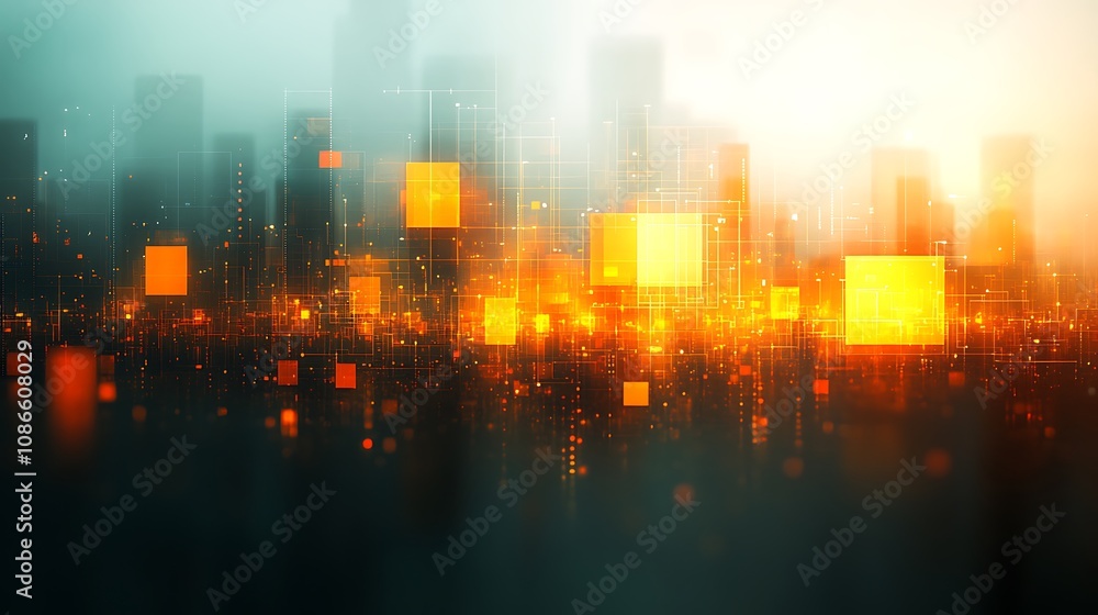 Aufkleber an intricate play of light and shadow in an urban landscape with dynamic geometric shapes and rich c