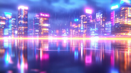 Fototapeta premium Rain-slicked streets illuminated by pink and cyan neon lights from towering buildings, capturing urban nightlife energy