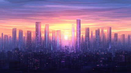 Futuristic metropolis under twilight sky with vibrant purple and blue neon signs reflecting off glass skyscrapers, aerial view