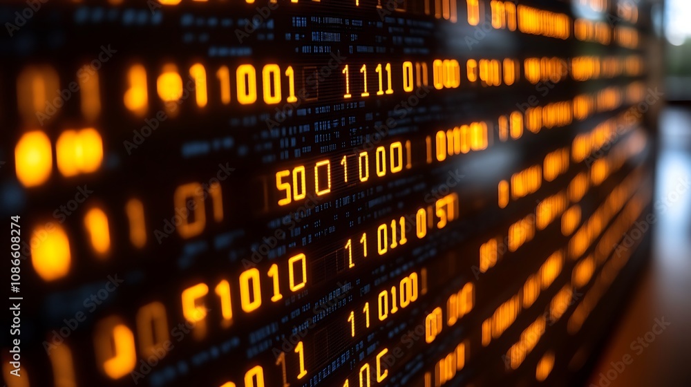 Poster an intricate mosaic of binary code in vivid colors depicting data transformation and digital complex