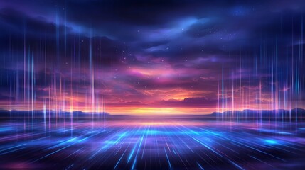 Corporate district with interconnected skywalks illuminated by blue neon strips against purple sunset sky