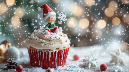 **Christmas Elf Decorating a Giant Cupcake with Icing and Snowflakes While Sitting in a Winter Wonderland 