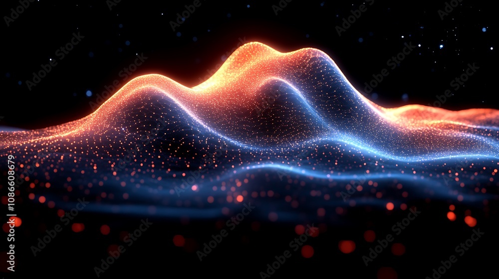 Poster Artistic Interpretation of Data Visualization with Colorful Waves and Dotted Patterns Creating a Dynamic 3D Effect on a Dark Background