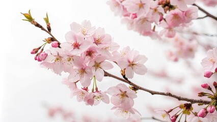 Pastel pink cherry blossoms against a soft white background, cherry blossoms, tranquility