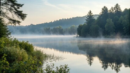 Fototapeta premium Peaceful morning mist rises over a tranquil lake, creating a soft white fog on the calm water's surface, mist, reflective, peaceful morning