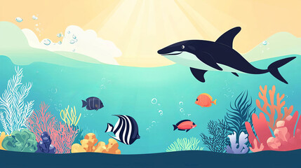 Fototapeta premium Underwater scene featuring shark swimming among colorful fish and vibrant coral reefs, showcasing beauty of marine life and natural harmony