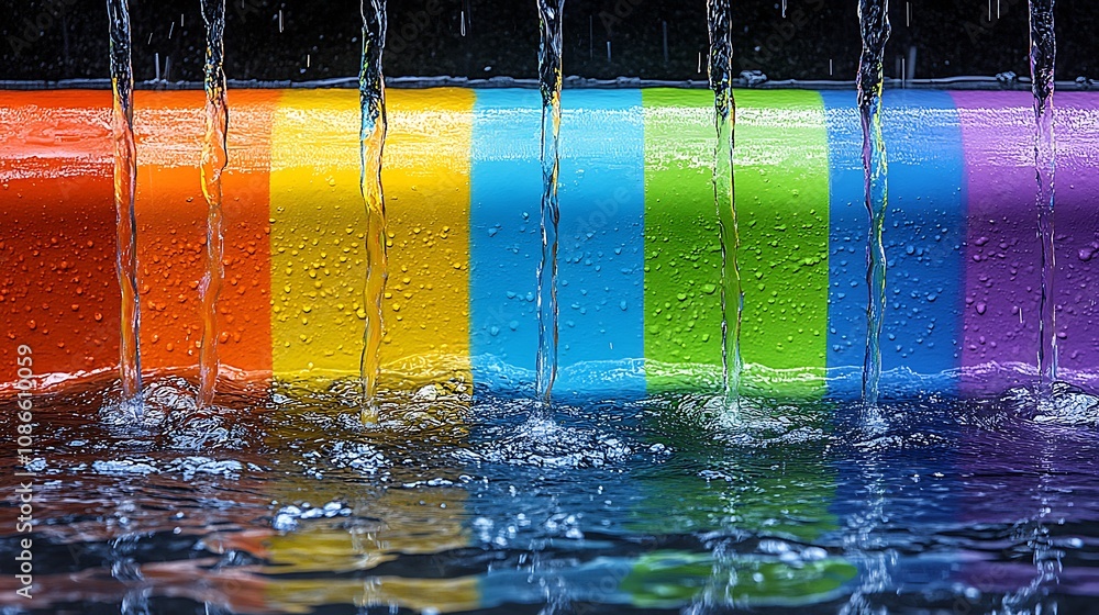 Poster dynamic brushstrokes of color in water, creating a lively scene with vibrant stripes and flowing dro