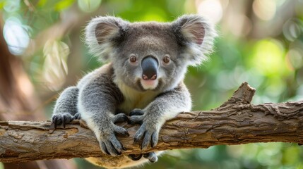 Naklejka premium Koala Bear on a Branch with a Green Background