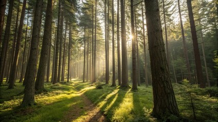 Soft focus captures the serene beauty of a forest illuminated by dappled sunlight, leafy branches, peaceful atmosphere