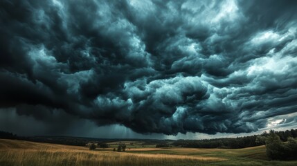 Dark, ominous storm clouds gather over a field.