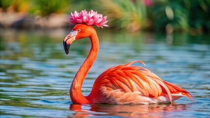 A Vibrant Pink Flamingo Adorned with a Flower Crown, Gracefully Floating in Blue Water