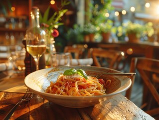 A beautifully presented plate of pasta garnished with basil, set on a rustic wooden table, surrounded by a cozy, inviting restaurant atmosphere.