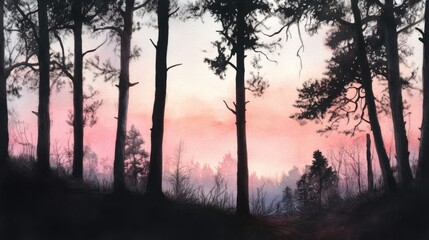 Fototapeta premium Silhouetted forest trees stand against a serene pink and purple sunset sky, AI
