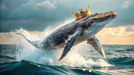 Obraz premium A Humpback Whale Leaping From The Ocean Wearing A Golden Crown