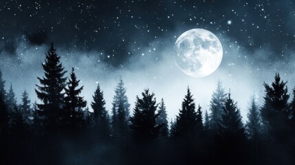 Naklejka premium Moonlit night sky over a forest with silhouetted trees and twinkling stars, AI