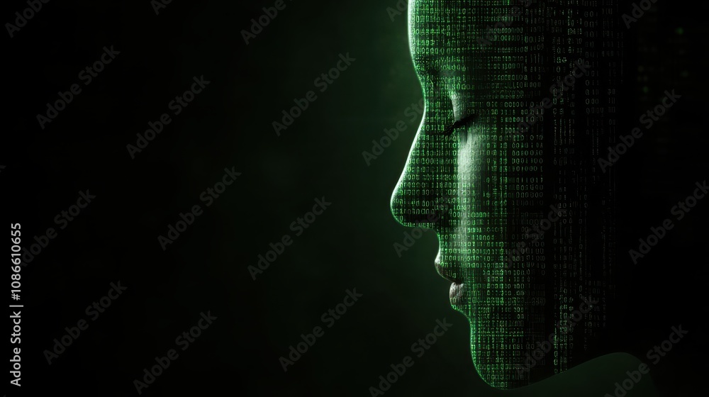 Poster woman's face with binary code overlay, a futuristic digital art portrait exploring the intersection 