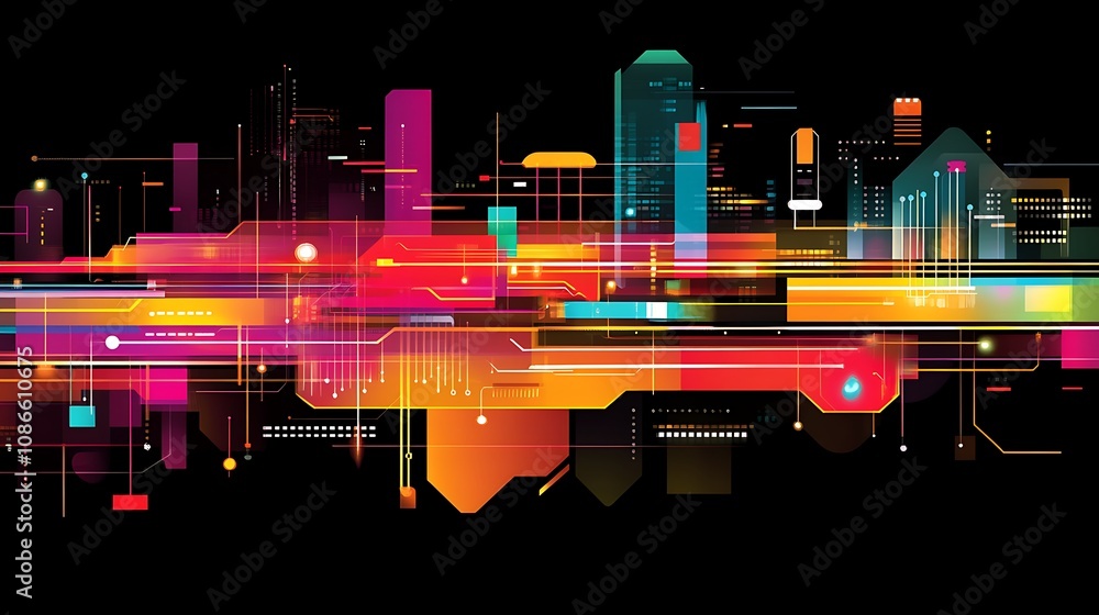 Poster fluid patterns mimicking electronic circuits with vibrant colors and abstract cityscape elements in 