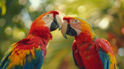 Fototapeta premium Macaw interacting with another bird in the Caribbean, captured in natural light, vivid colors enhanced through post-processing and color grading, HD wildlife photography, 8K quality, with depth of