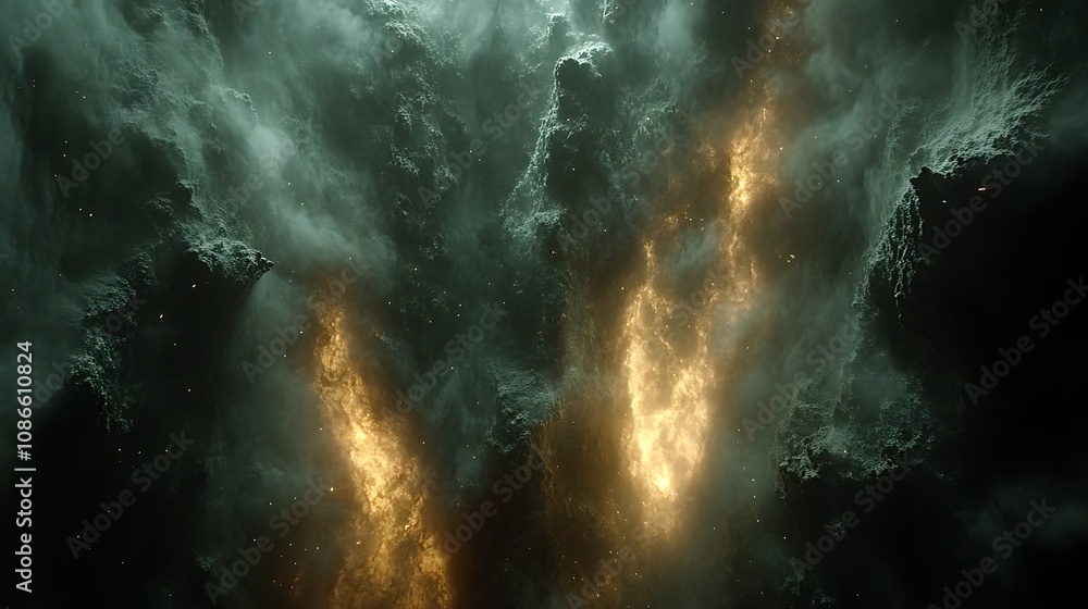 Poster abstract depiction of fluid shapes emerging from a dark background with luminous highlights creating