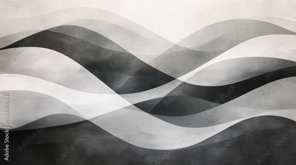 Poster monochromatic abstract geometric waves in shades of grey, creating a smooth and sophisticated backgr
