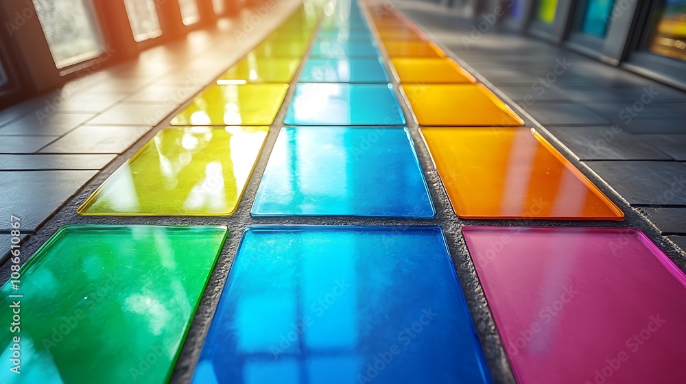 Poster vibrant fragmented glass elements creating colorful pathway in modern architecture with natural ligh