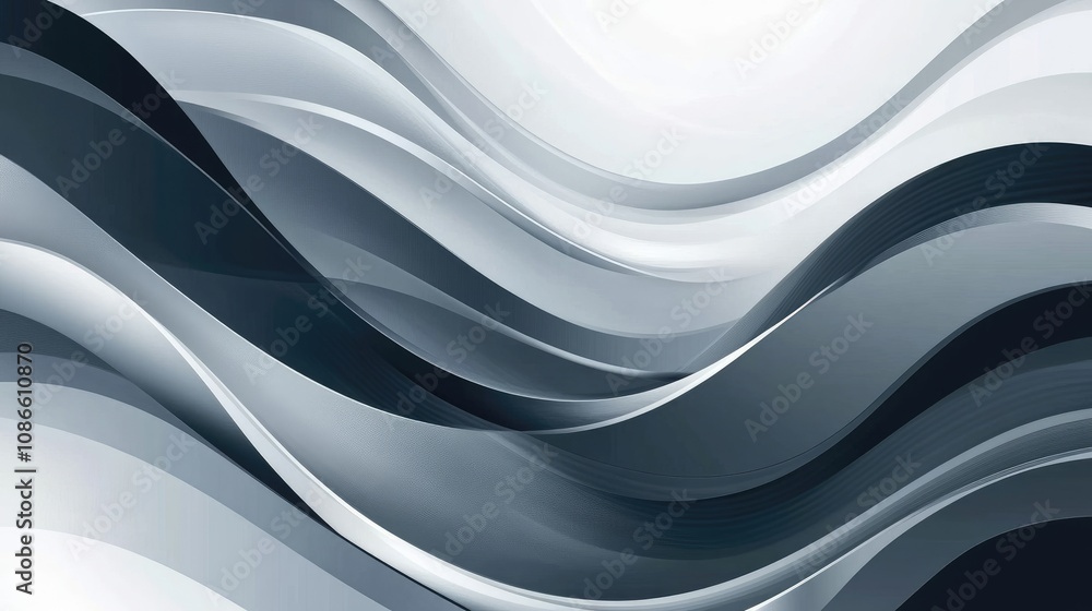 Poster monochromatic abstract geometric waves in shades of grey, creating a smooth and sophisticated backgr