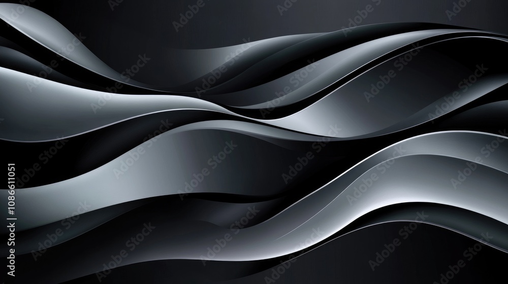 Poster monochromatic abstract geometric waves in shades of grey, creating a smooth and sophisticated backgr