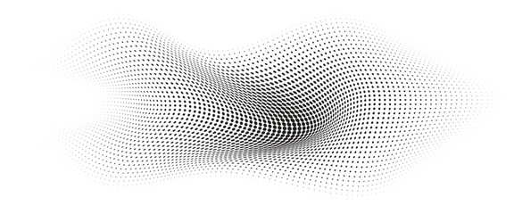 Flowing Wave Dot Halftone Pattern: Curve Gradient Shape on Transparent Background. Suitable for AI, Tech, Network, Digital, Science, and Technology Themes.