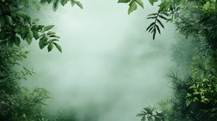 Obraz premium Lush green foliage frames a misty, serene forest scene, AI