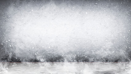 ​​Empty snowy abstract  wall and studio room with smoke float up interior texture for display products wall background