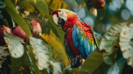 Macaw perched on a Caribbean fruit tree, feathers illuminated by natural light, post-processed with expert color grading, HD wildlife photography, 8K quality, with depth of field