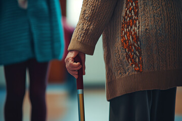An elderly person using a cane with a caregiver standing nearby, focusing on mobility support and assistance for seniors