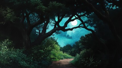 Moonlit path through a dense forest creates a mystical and serene atmosphere, AI