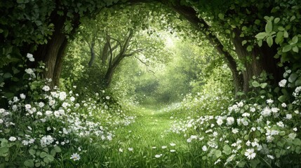 Lush green forest path surrounded by blooming white flowers, AI