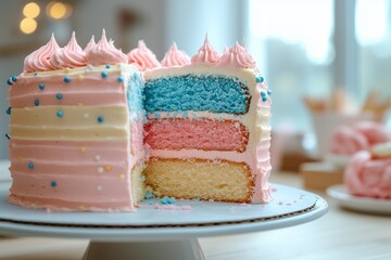 A gender reveal cake featuring blue and pink layers, ideal for event planners specializing in gender reveal parties and family celebrations