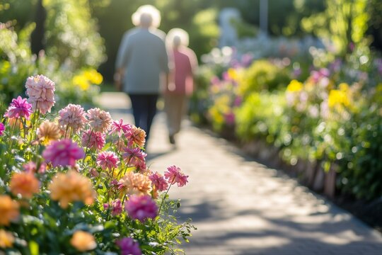 A vibrant garden scene at a care facility, featuring colorful flowers and a bright atmosphere, where an elderly person is strolling, providing a peaceful environment for residents