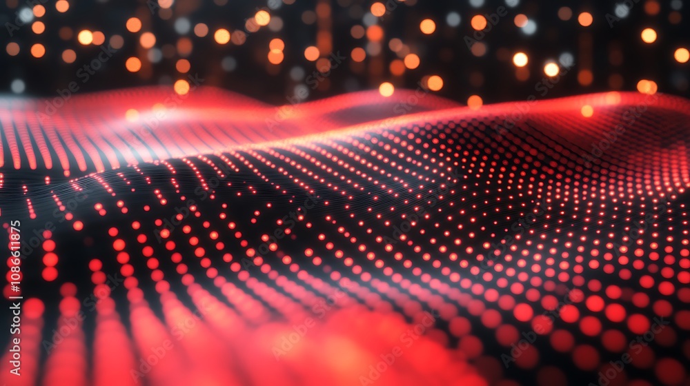 Poster twisting ribbons of holographic light creating a mesmerizing visual display with dots of color in an