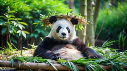 Obraz premium Giant Panda Wearing a Crown of Bamboo Leaves