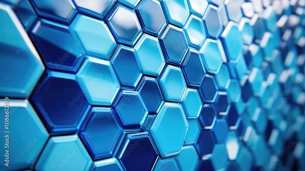 Poster geometric mosaic pattern with hexagons in vibrant shades of blue, creating a visually appealing back