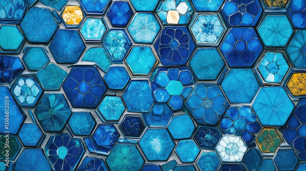 Poster geometric mosaic pattern with hexagons in vibrant shades of blue, creating a visually appealing back
