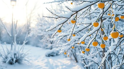 Winter scene with snow-covered citric wires glistening in the morning light, winter scene, frozen scenery