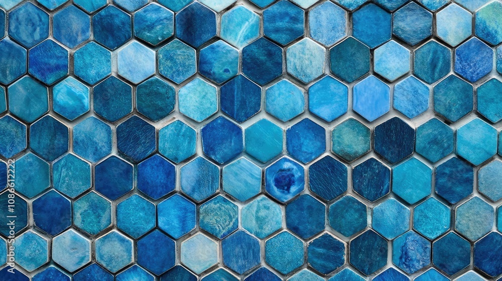 Poster geometric mosaic pattern with hexagons in vibrant shades of blue, creating a visually appealing back