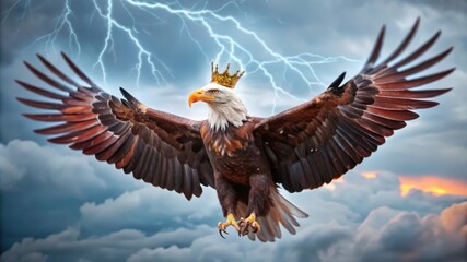 Obraz premium A Majestic Bald Eagle Soaring Above the Storm with a Golden Crown
