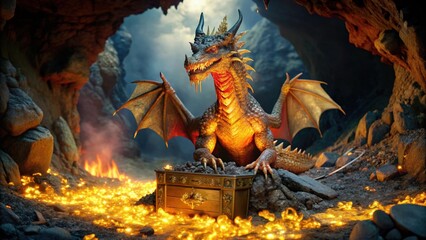 Fototapeta premium A Golden Dragon Guards a Treasure Chest in a Cave