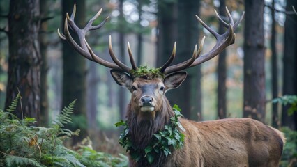 Naklejka premium A majestic red deer stag with antlers adorned with greenery, standing in a forest setting.