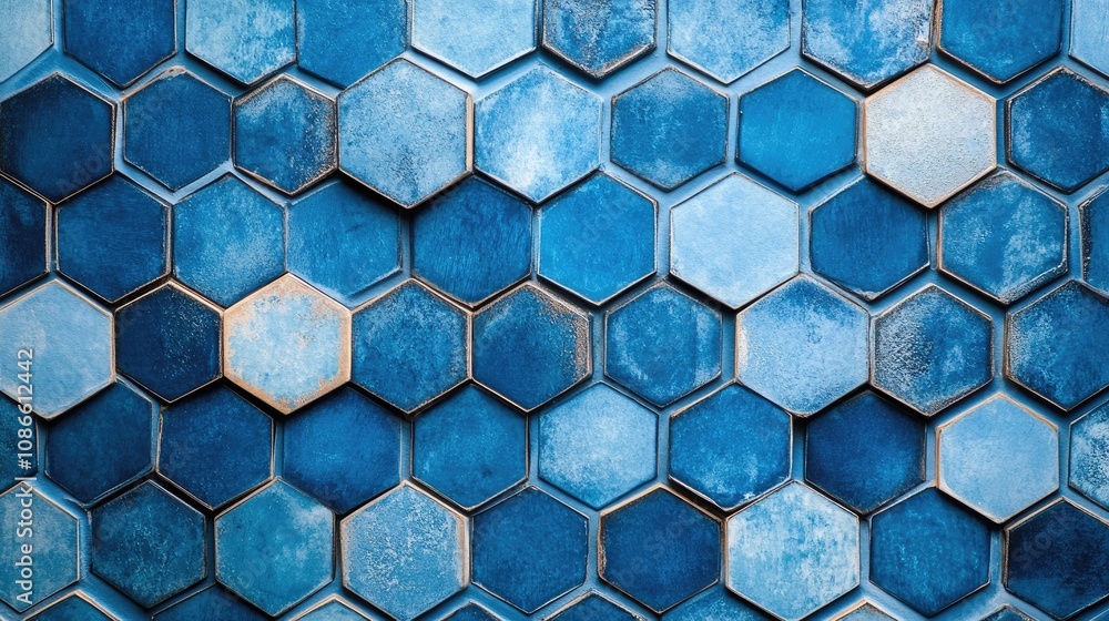 Poster geometric mosaic pattern with hexagons in vibrant shades of blue, creating a visually appealing back