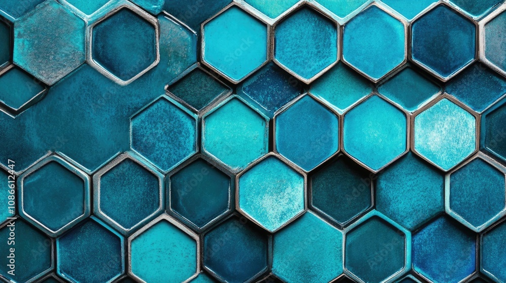 Poster geometric mosaic pattern with hexagons in vibrant shades of blue, creating a visually appealing back