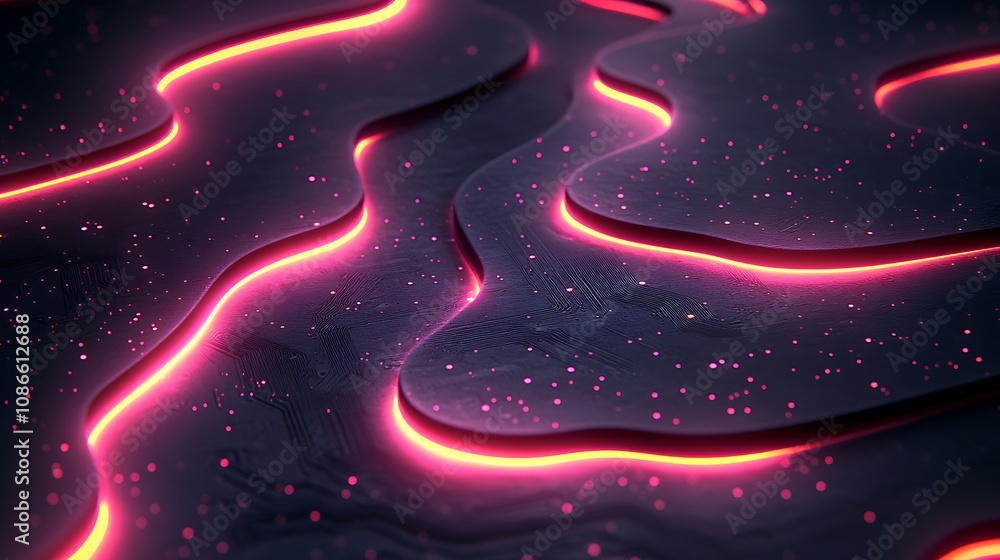 Poster vibrant swirling patterns of circuit board elements with neon glow and dynamic flow