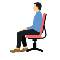 Fototapeta premium A man is sitting in a red chair. He is wearing a blue shirt and black pants. The chair is red and has a black frame
