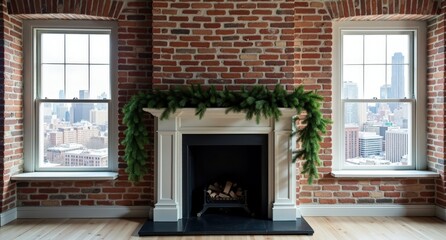 A minimalist loft with exposed brick walls, modern black fireplace, and an evergreen garland on the mantel. Snow falls outside, revealing a bustling city blanketed in snow.  